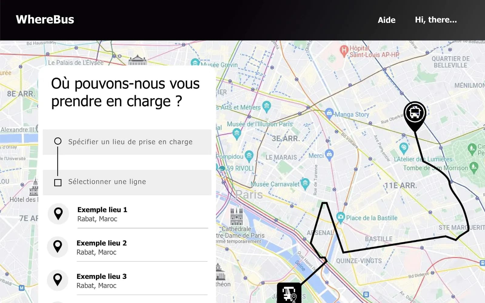 Passenger map: pickup point, line and bus